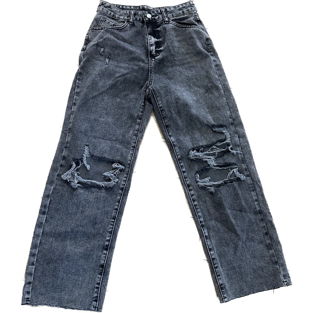 Acid Wash Distressed High Rise Straight Leg Jeans Charcoal Gray Size S